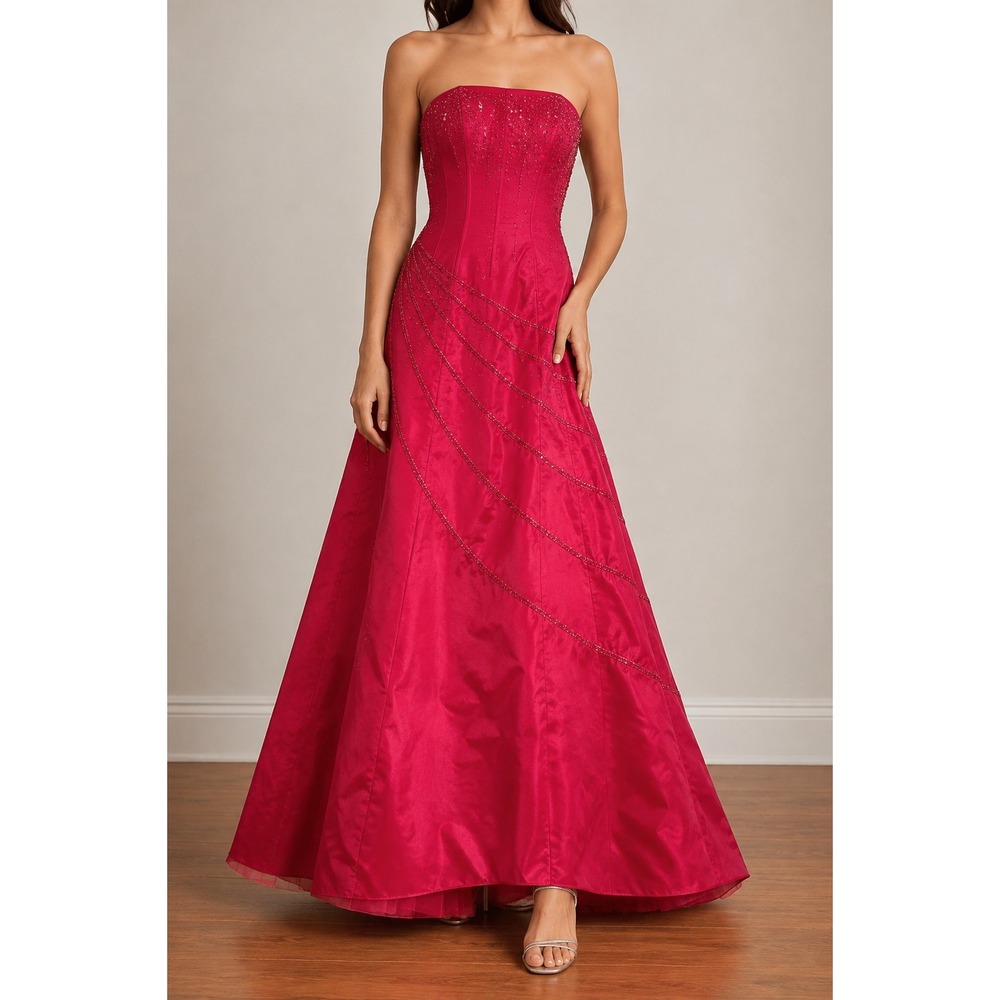 Vintage Y2K Morgan Co Strapless Beaded Ball Gown XS Corset Back Red Fairy Glam